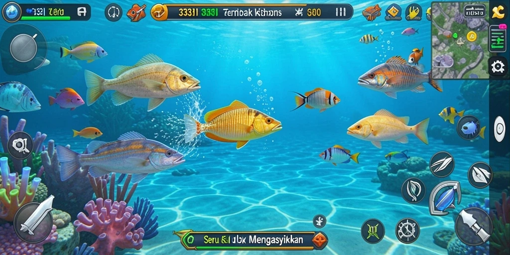 Screenshot gameplay 333I menampilkan aksi menembak ikan di laut.
