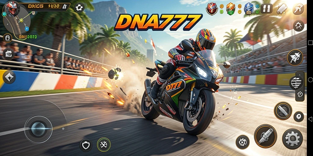 Tampilan gameplay <strong>DNA777</strong> menampilkan balapan motor yang cepat dan menegangkan.