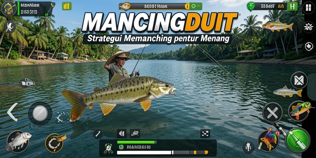 Tampilan gameplay MANCINGDUIT dengan aksi memancing yang seru.