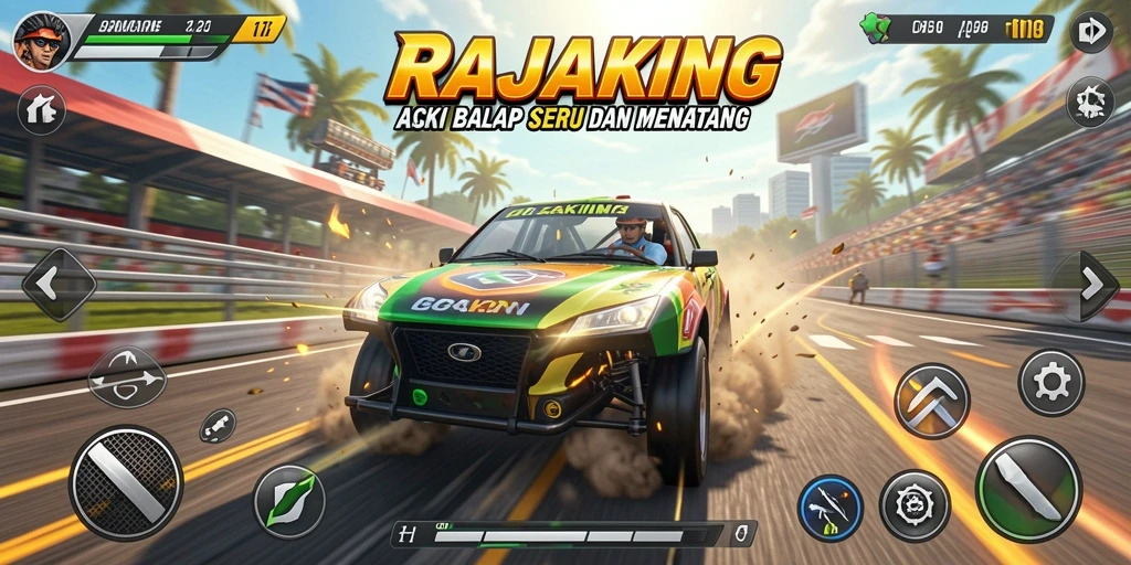 Tampilan gameplay seru dalam RAJAKING dengan mobil balap beraksi.