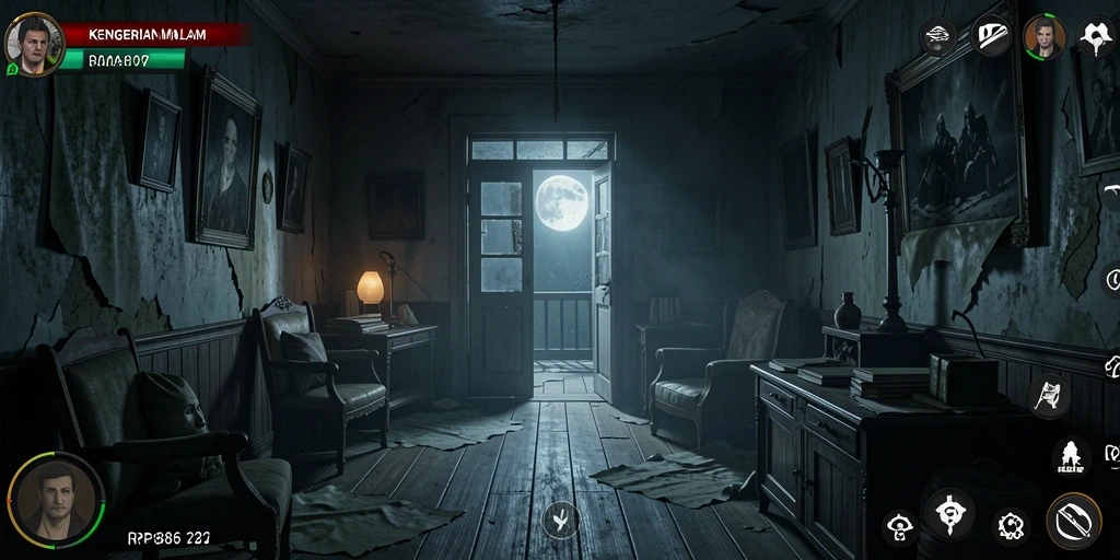 Menampilkan gameplay menyeramkan di dalam rumah tua.